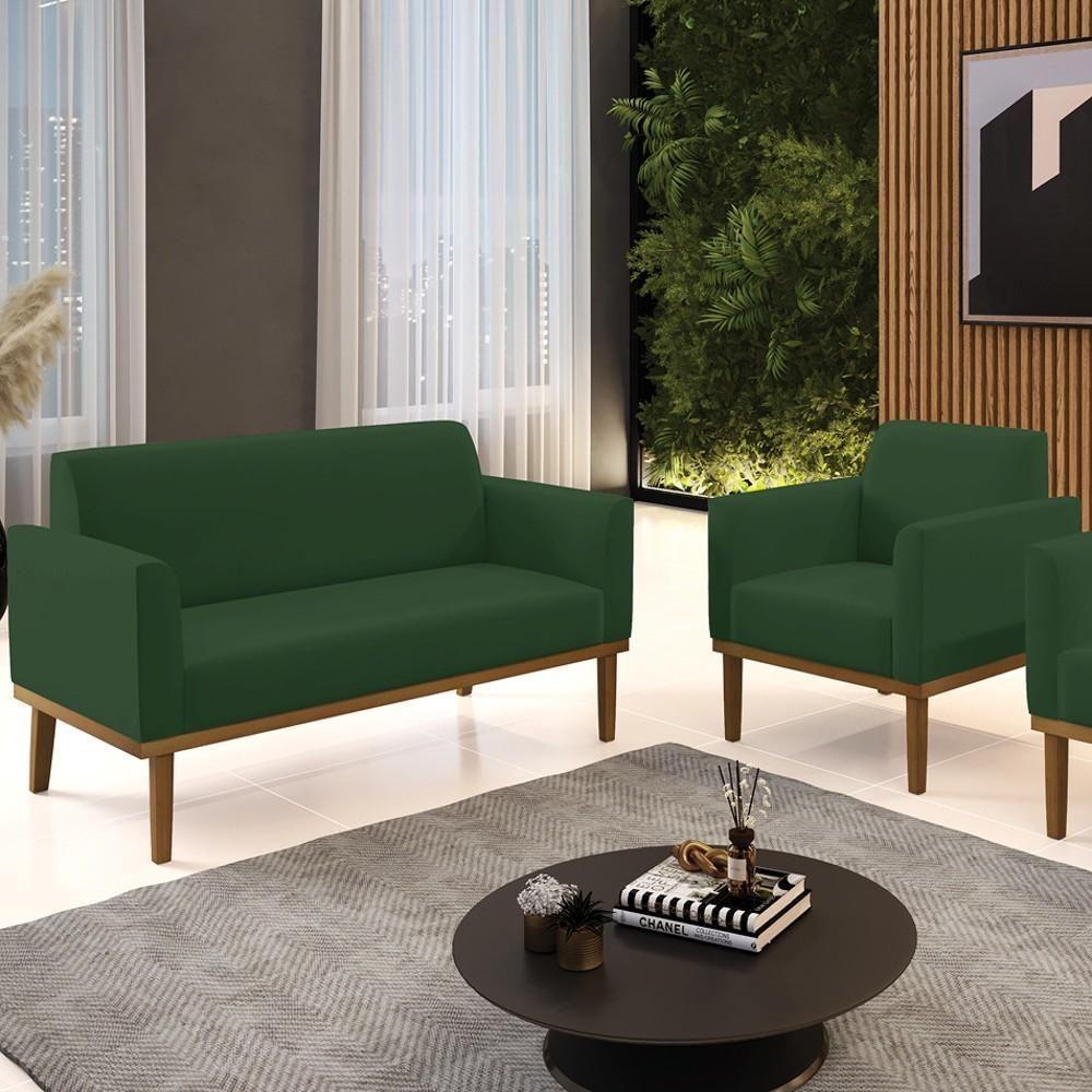 Sofá Namoradeira E 1 Poltrona Base Madeira Castanho Maressa Veludo Verde - Ibiza - 2