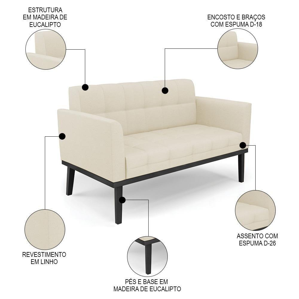 Sofá Namoradeira E 1 Poltrona Base Madeira Preto Ana Linho Bege - Ibiza - 5