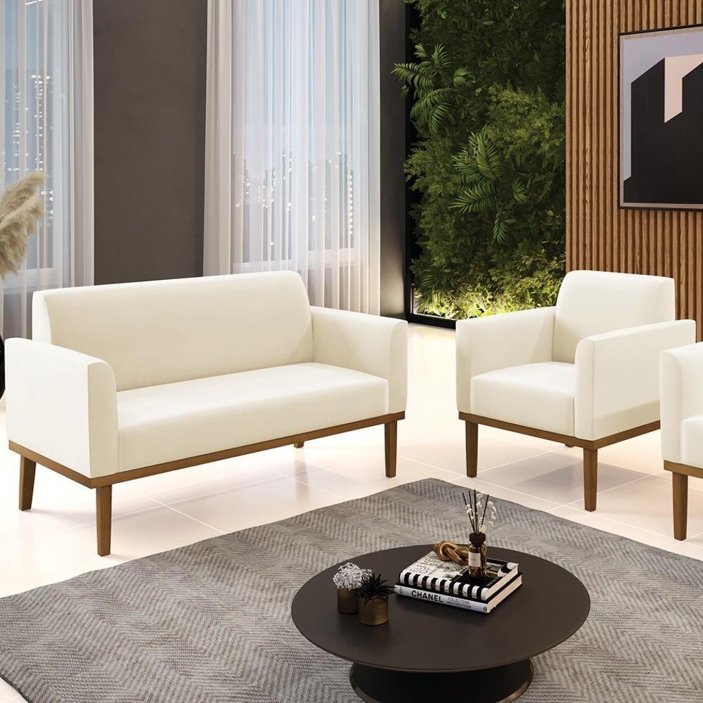 Sofá Namoradeira E 1 Poltrona Base Madeira Castanho Maressa Veludo Bege - Ibiza - 2