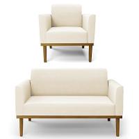 Sofá Namoradeira E 1 Poltrona Base Madeira Castanho Maressa Veludo Bege - Ibiza - 1