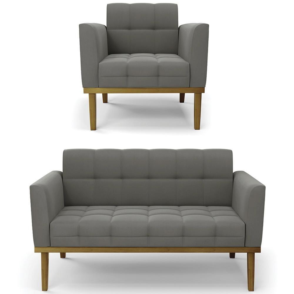 Sofá Namoradeira E 1 Poltrona Base Madeira Castanho Ana Suede Grafite - Ibiza - 1