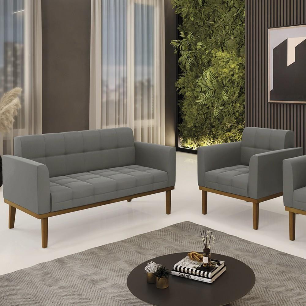 Sofá Namoradeira E 1 Poltrona Base Madeira Castanho Ana Suede Grafite - Ibiza - 2