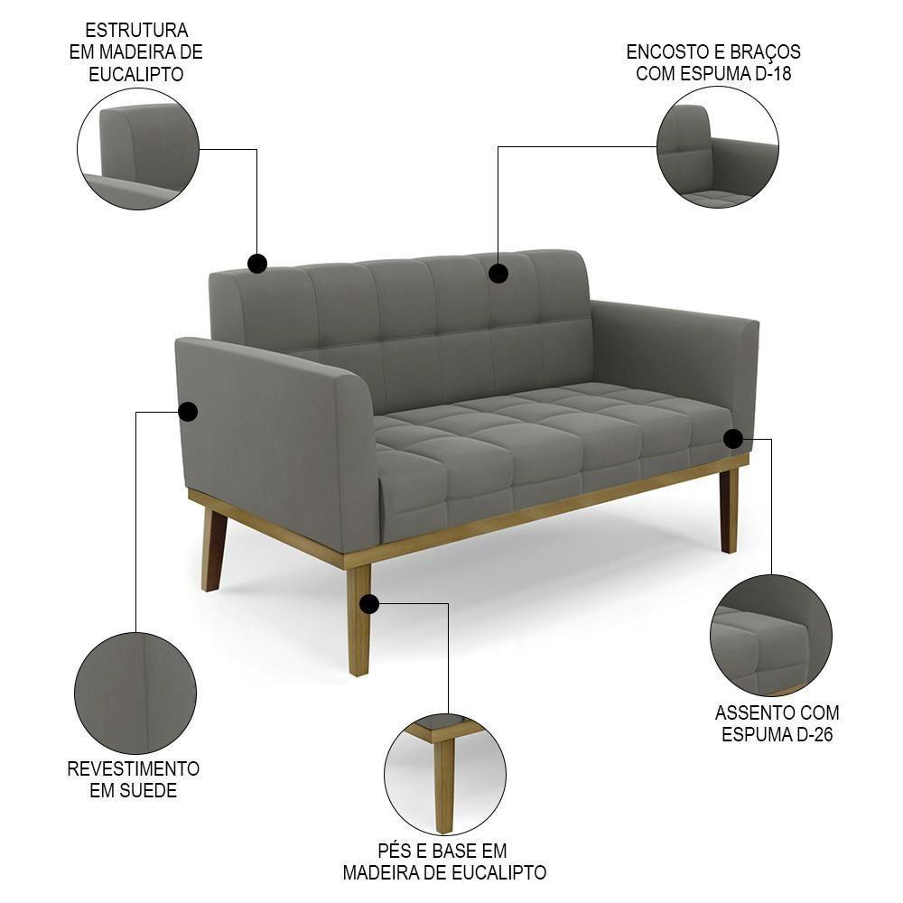 Sofá Namoradeira E 1 Poltrona Base Madeira Castanho Ana Suede Grafite - Ibiza - 3