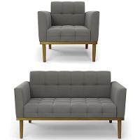 Sofá Namoradeira E 1 Poltrona Base Madeira Castanho Ana Suede Grafite - Ibiza - 1