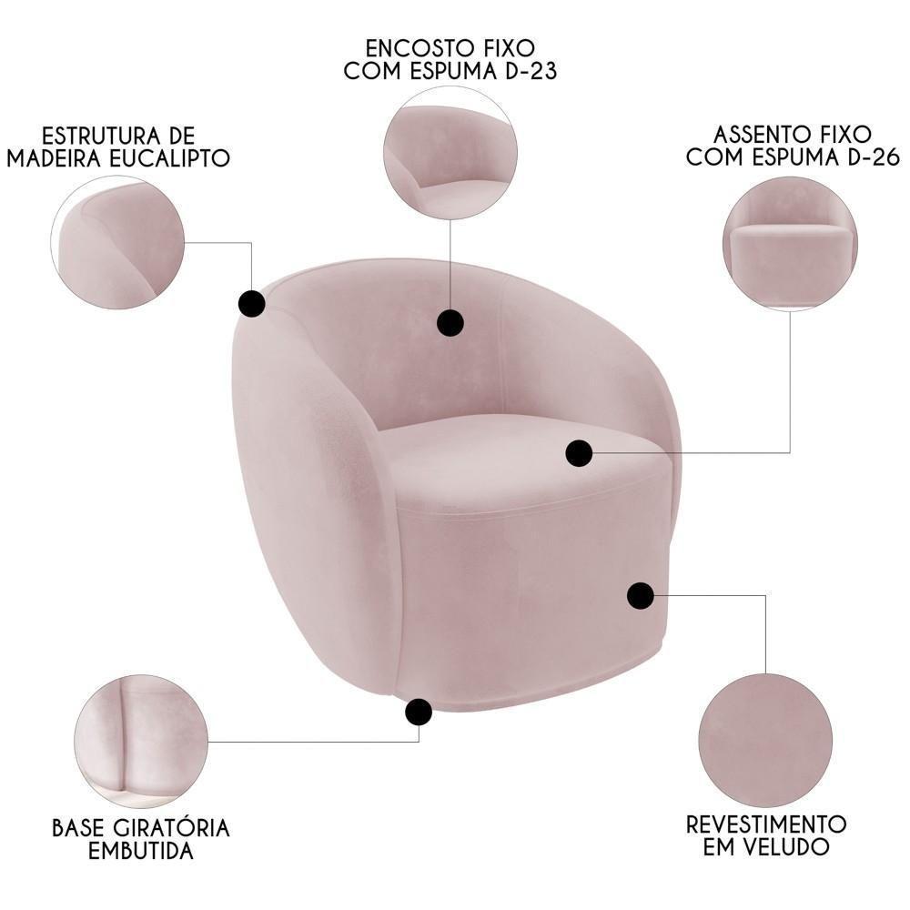 Sofá 2 Lugares Living 160cm E 1 Poltrona Giratória Garbin K04 Veludo Rosê - Mpozenato - 3