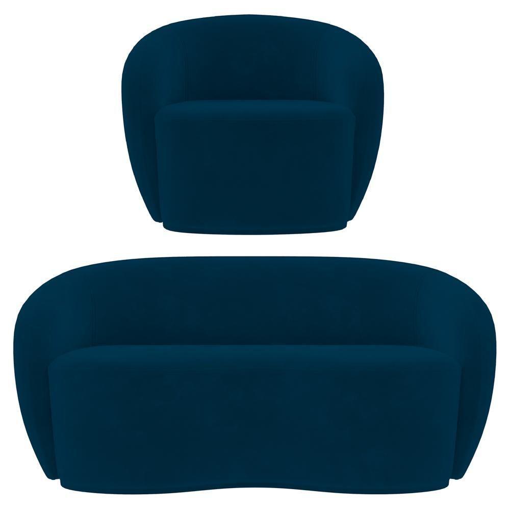 Sofá 2 Lugares Living 160cm E 1 Poltrona Giratória Garbin K04 Veludo Azul Marinho - Mpozenato - 1