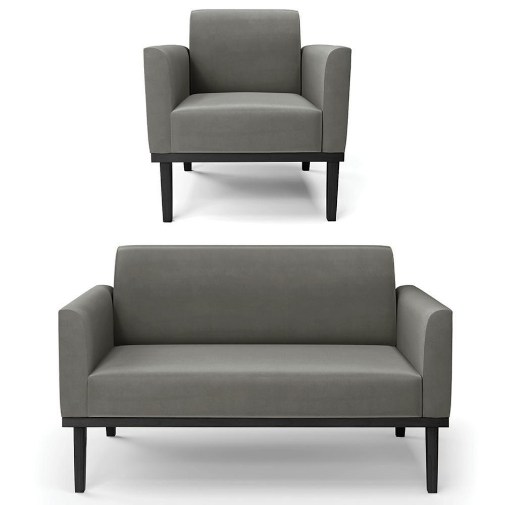 Sofá Namoradeira E 1 Poltrona Base Madeira Preto Maressa Suede Grafite - Ibiza - 1