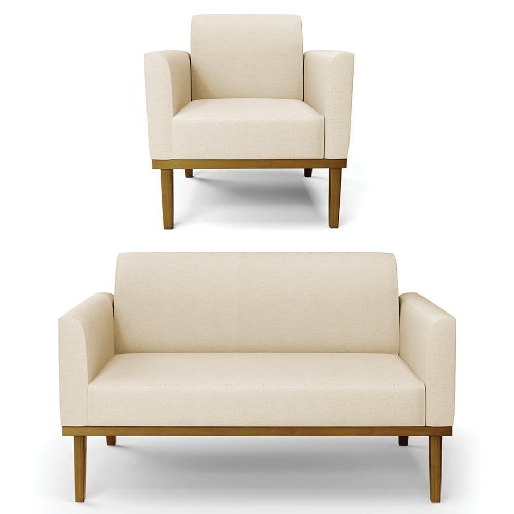 Sofá Namoradeira E 1 Poltrona Base Madeira Castanho Maressa Linho Bege - Ibiza - 1