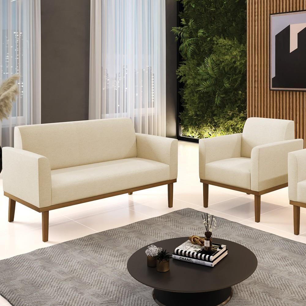 Sofá Namoradeira E 1 Poltrona Base Madeira Castanho Maressa Linho Bege - Ibiza - 2