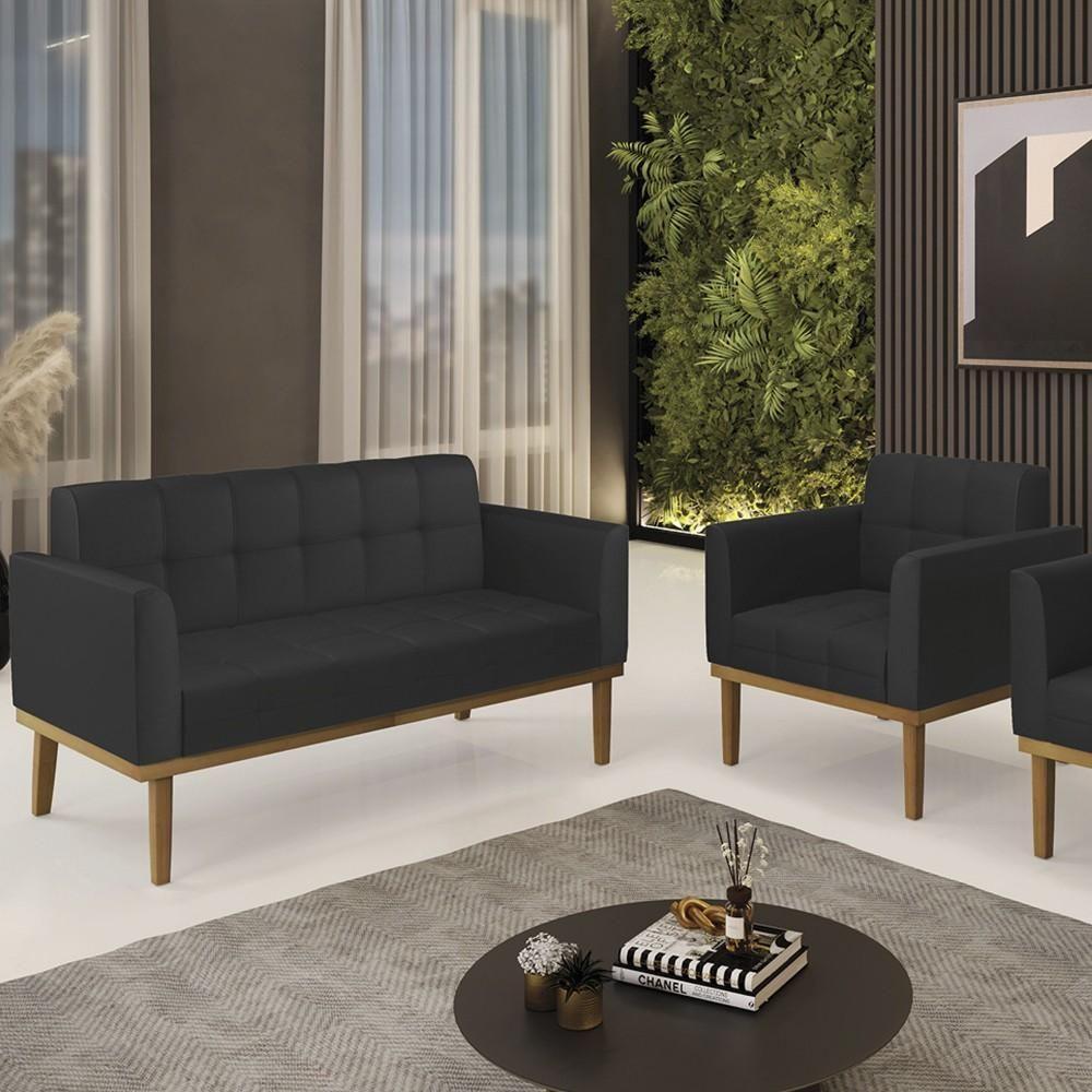 Sofá Namoradeira E 1 Poltrona Base Madeira Castanho Ana Sintético Preto - Ibiza - 2