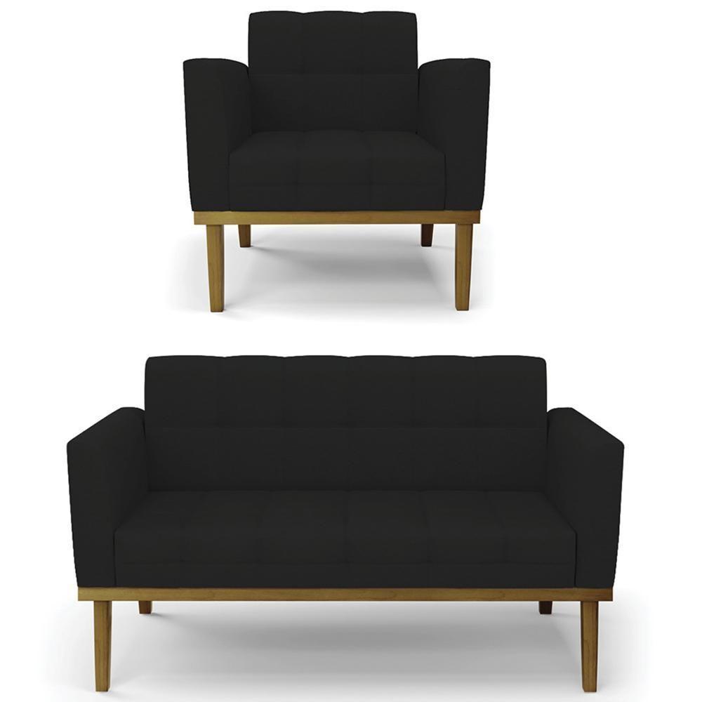 Sofá Namoradeira E 1 Poltrona Base Madeira Castanho Ana Linho Preto - Ibiza - 1