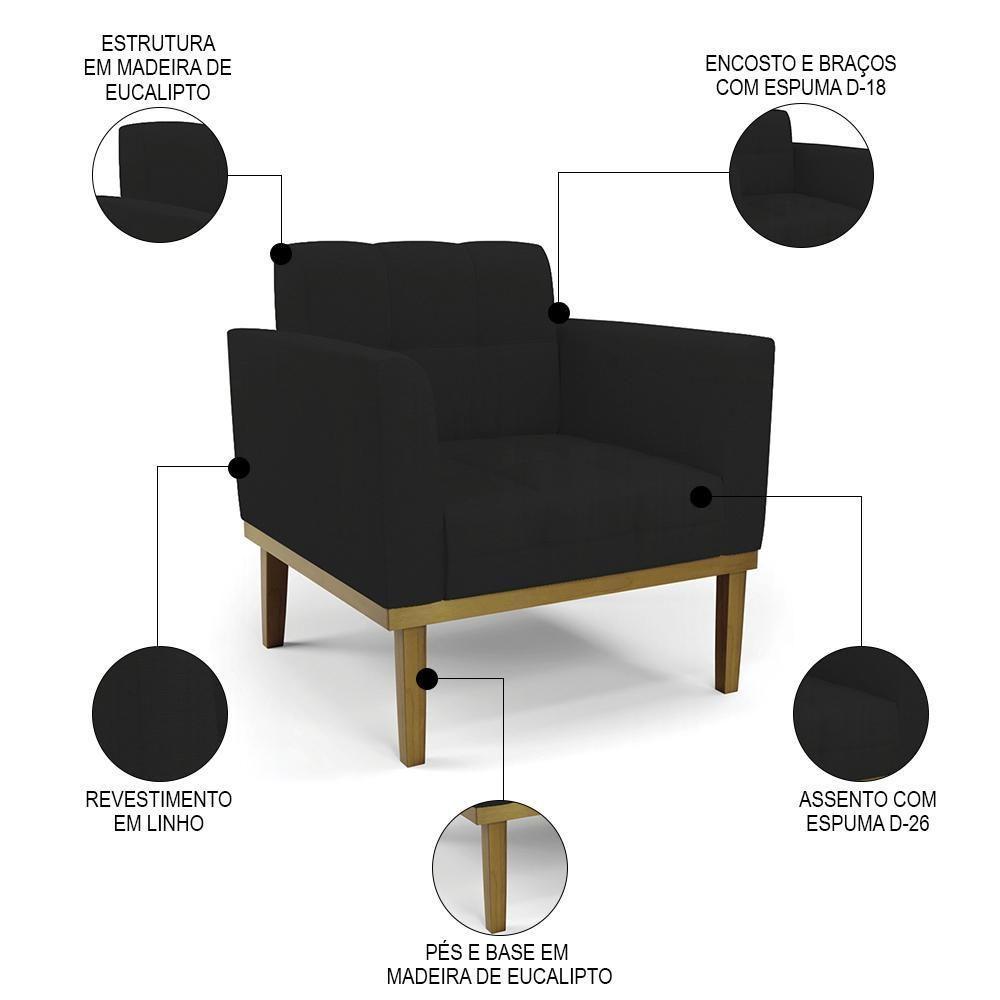 Sofá Namoradeira E 1 Poltrona Base Madeira Castanho Ana Linho Preto - Ibiza - 5