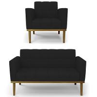 Sofá Namoradeira E 1 Poltrona Base Madeira Castanho Ana Linho Preto - Ibiza - 1