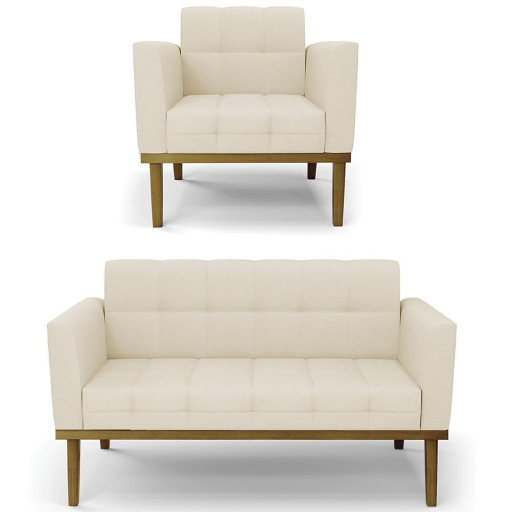 Sofá Namoradeira E 1 Poltrona Base Madeira Castanho Ana Linho Bege - Ibiza - 1