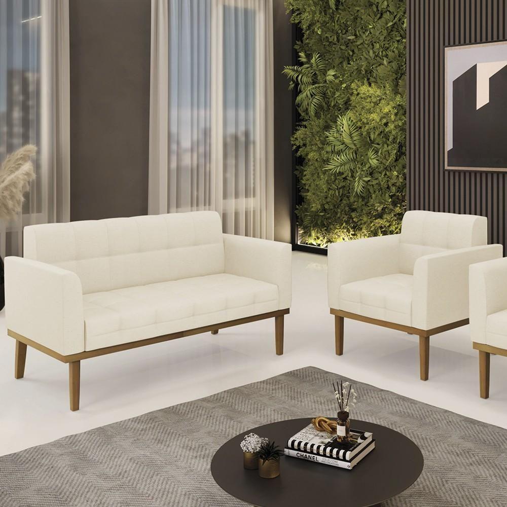 Sofá Namoradeira E 1 Poltrona Base Madeira Castanho Ana Linho Bege - Ibiza - 2