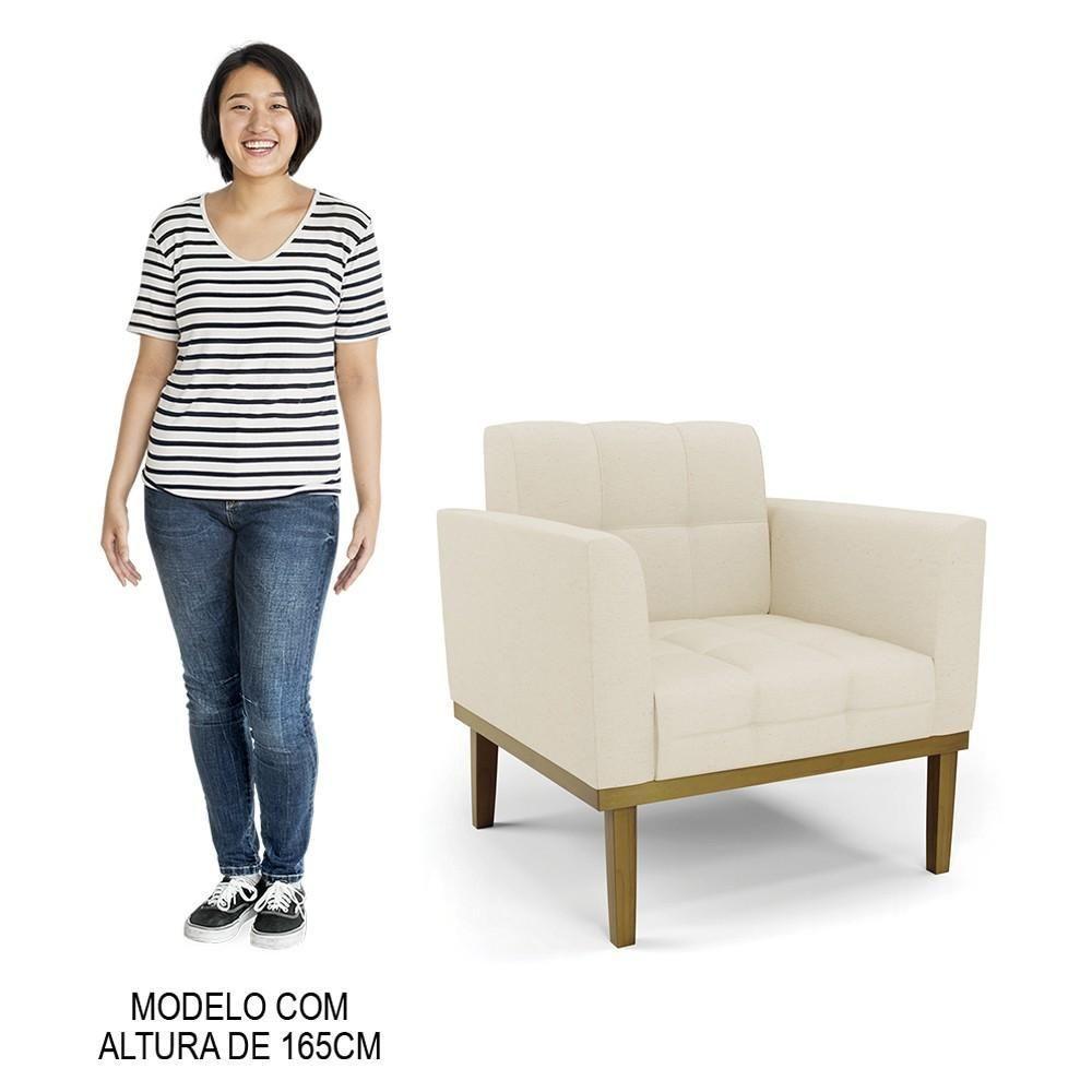 Sofá Namoradeira E 1 Poltrona Base Madeira Castanho Ana Linho Bege - Ibiza - 7