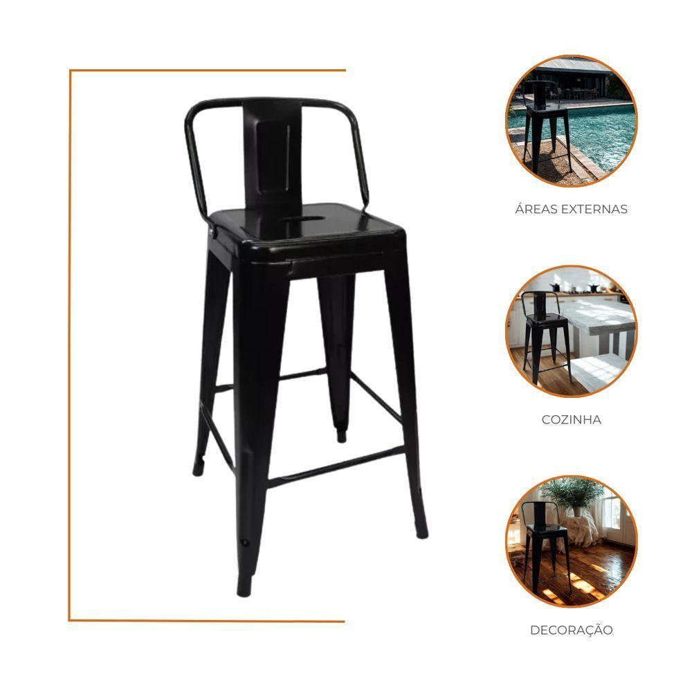Kit 3 Cadeiras Banqueta Oficial Alta Iron Tolix Com Encosto Preto - 3