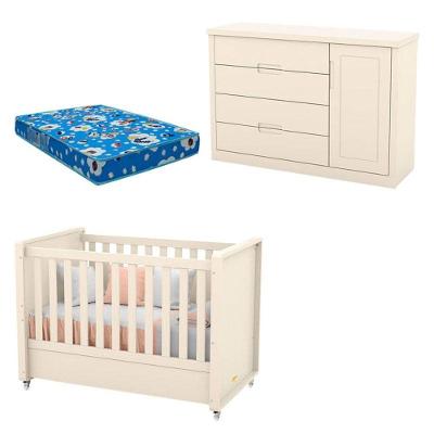 Berço Americano Tutto New Off White em MDF com Colchão Incluso para Quarto de Bebê