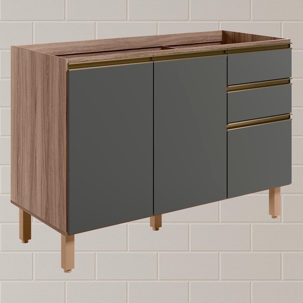 Balcao Para Pia 2p 3g 120cm Mdf Kali 16417 Carvalho Toq Chumbo Nicioli Carvalho Toq Chumbo - 2