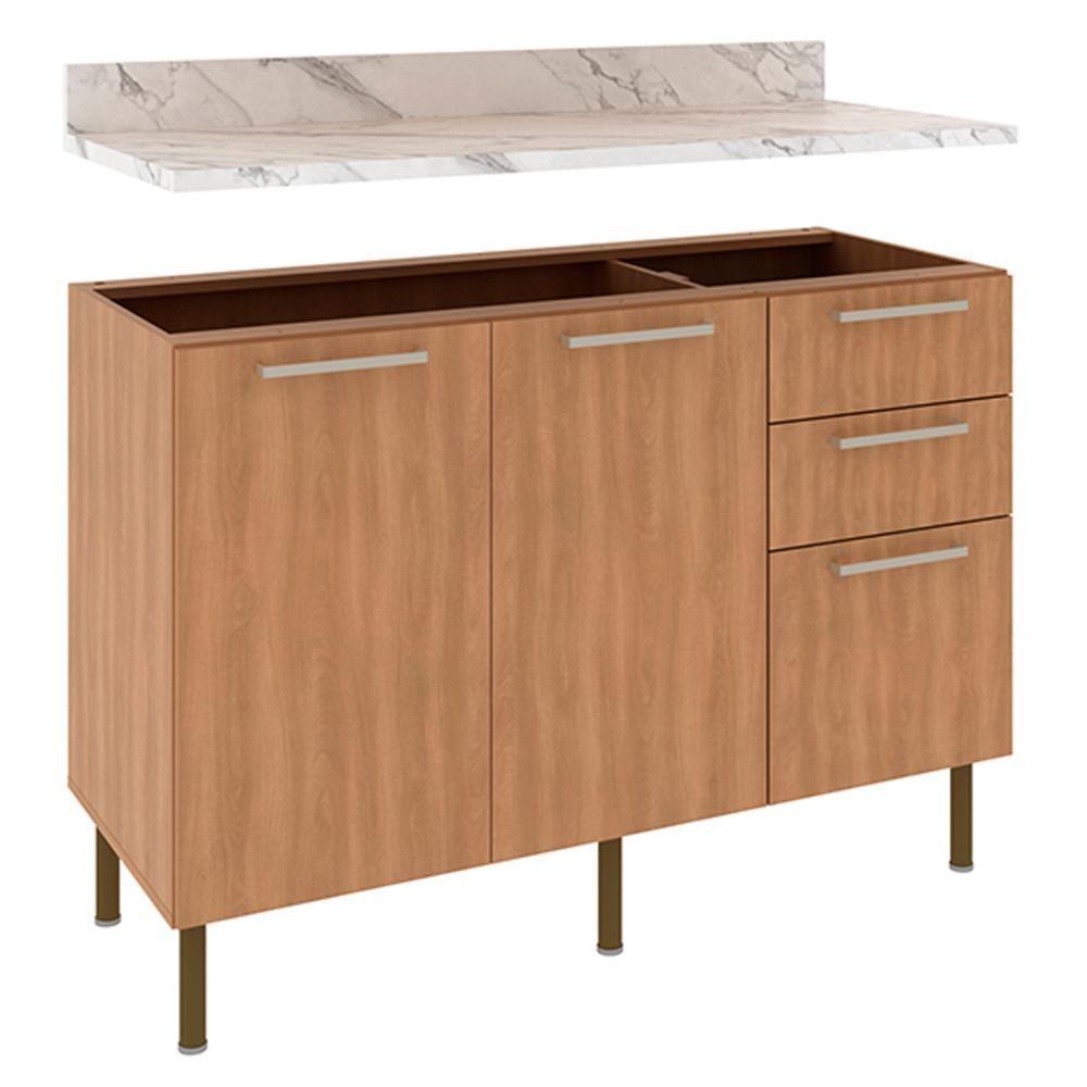 Balcao Com Tampo 120 Cm Mdp 2p 3g Marmore Branco Freijo Tecno Mobili Marmore Branco Freijo - 1