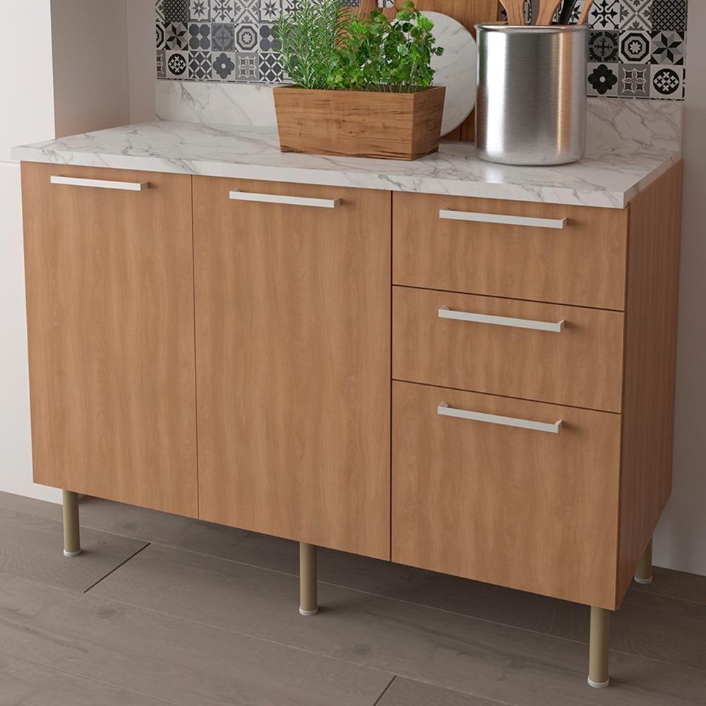 Balcao Com Tampo 120 Cm Mdp 2p 3g Marmore Branco Freijo Tecno Mobili Marmore Branco Freijo - 2