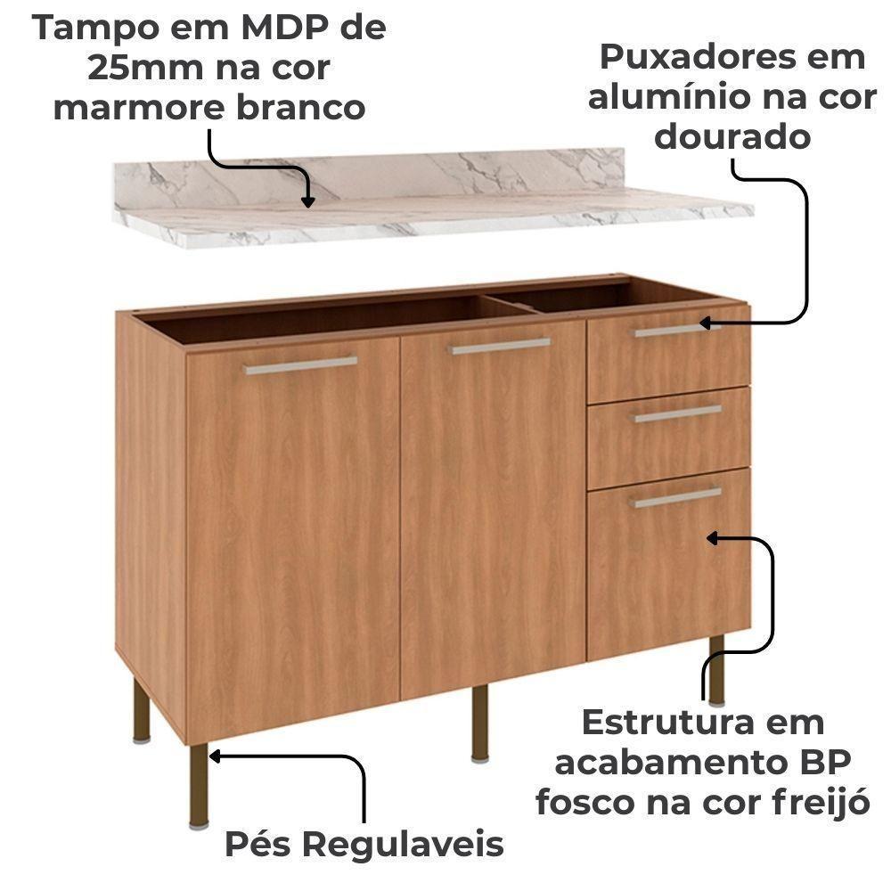 Balcao Com Tampo 120 Cm Mdp 2p 3g Marmore Branco Freijo Tecno Mobili Marmore Branco Freijo - 3