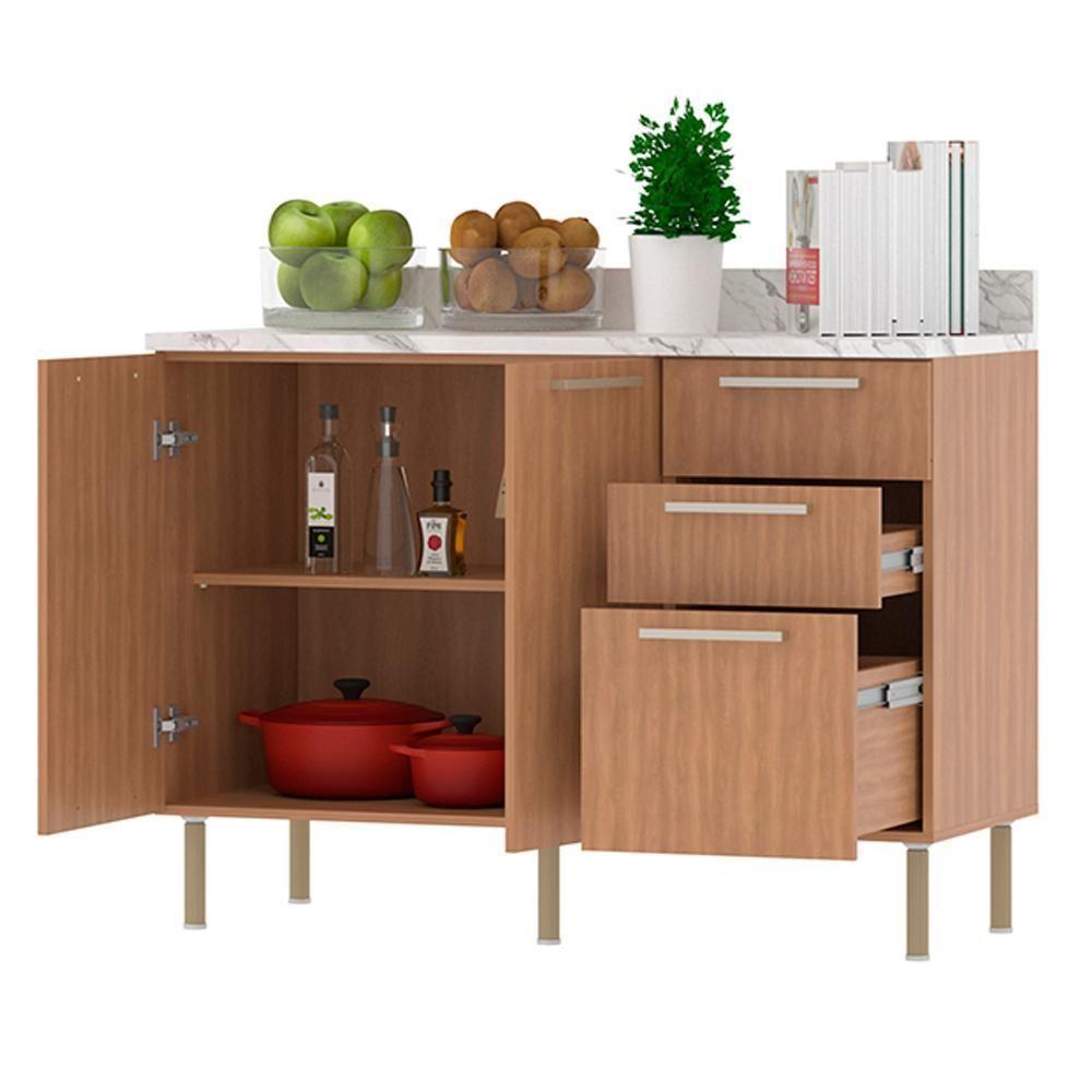 Balcao Com Tampo 120 Cm Mdp 2p 3g Marmore Branco Freijo Tecno Mobili Marmore Branco Freijo - 7