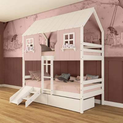 Beliche Casinha Encantada Com 02 Gavetas Kit Escada/ Escorregador Madeira Maciça Rosa/ Branco Megamobilia