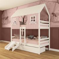 Beliche Casinha Encantada Com 02 Gavetas Kit Escada/ Escorregador Madeira Maciça Rosa/ Branco Megamobilia - 1