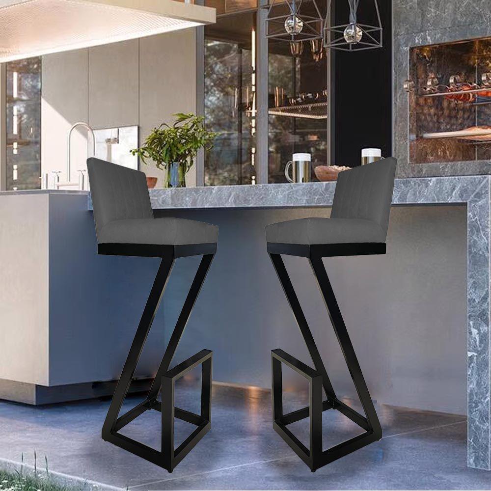 Banqueta Alta Z Base De Ferro Suede Grafite D'classe Decor - 5