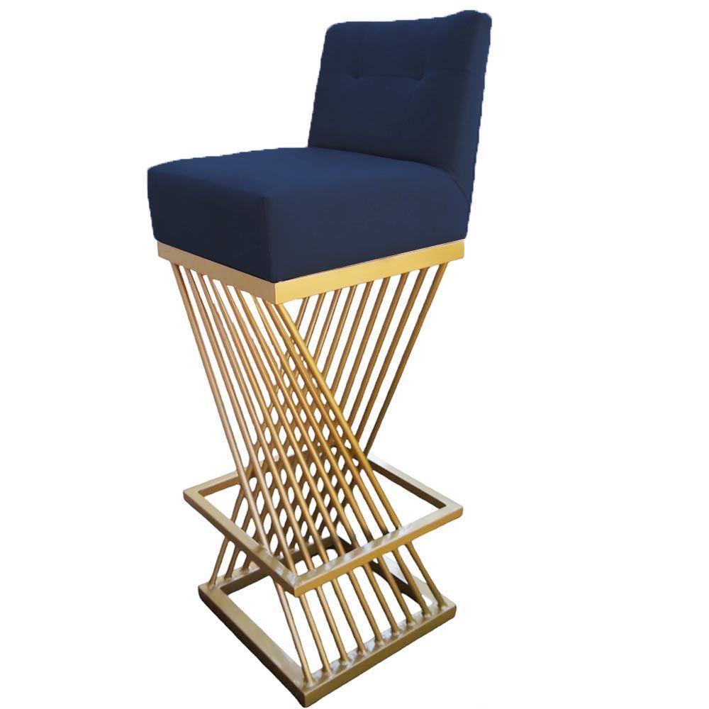 Banqueta Luma Base De Ferro Sued Azul Marinho D'classe Decor - 3