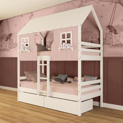 Beliche Casinha Encantada Com 02 Gavetas Madeira Maciça Rosa/ Branco Megamobilia