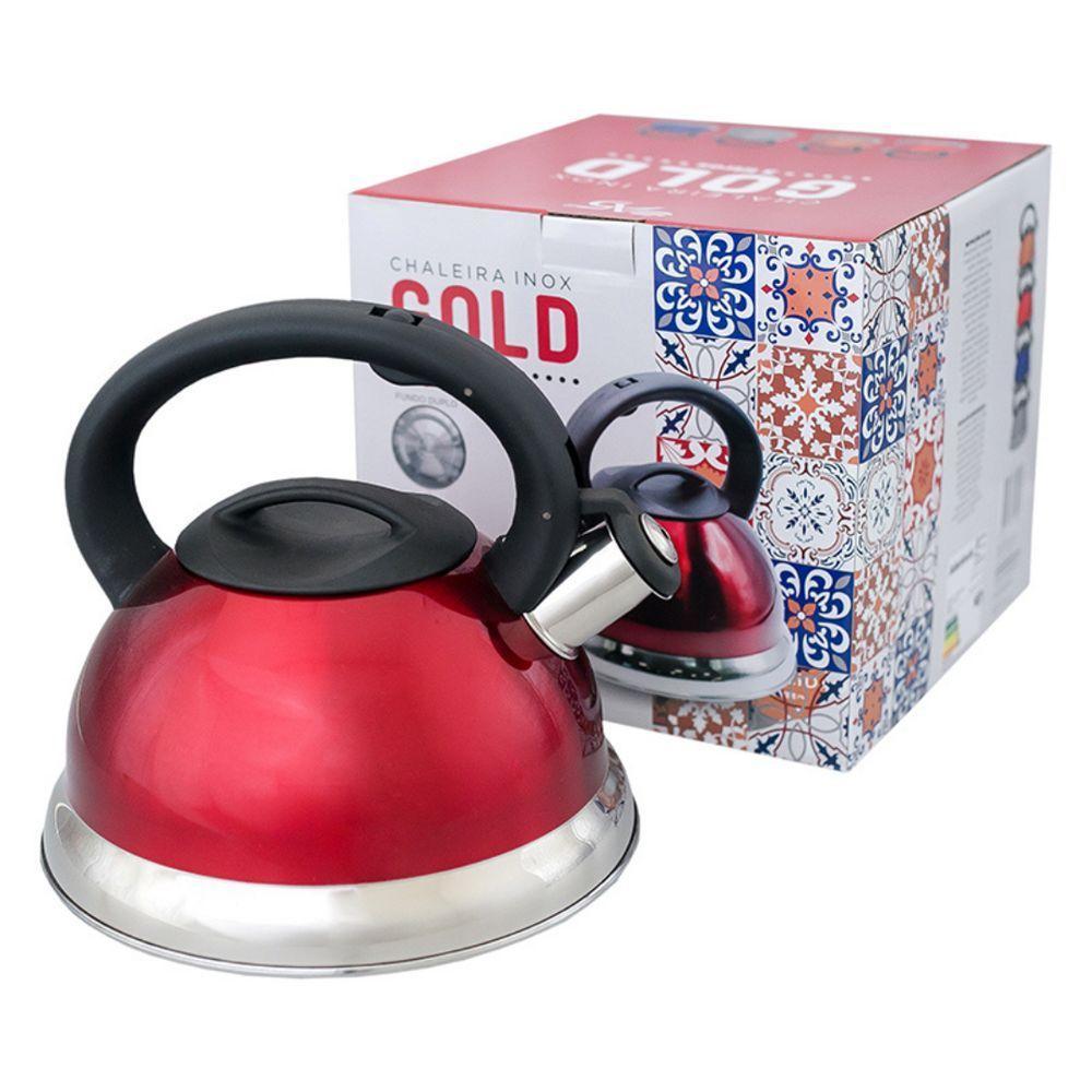 Chaleira Em Inox Com Apito E Fundo Duplo à Indução Vermelha - 4