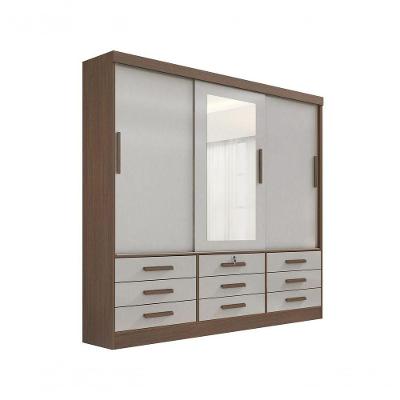 Guarda Roupa Casal Meridian Com Espelho 3 Portas 9 Gavetas Sem Pés - D' Doro Castanho-off White