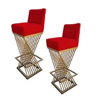 Kit 02 Banquetas Luma Base De Ferro Sued Vermelho D'classe Decor - 1