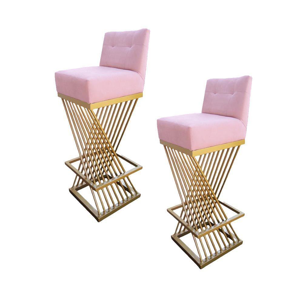 Kit 02 Banquetas Luma Base De Ferro Sued Rosa Bebê D'classe Decor - 1