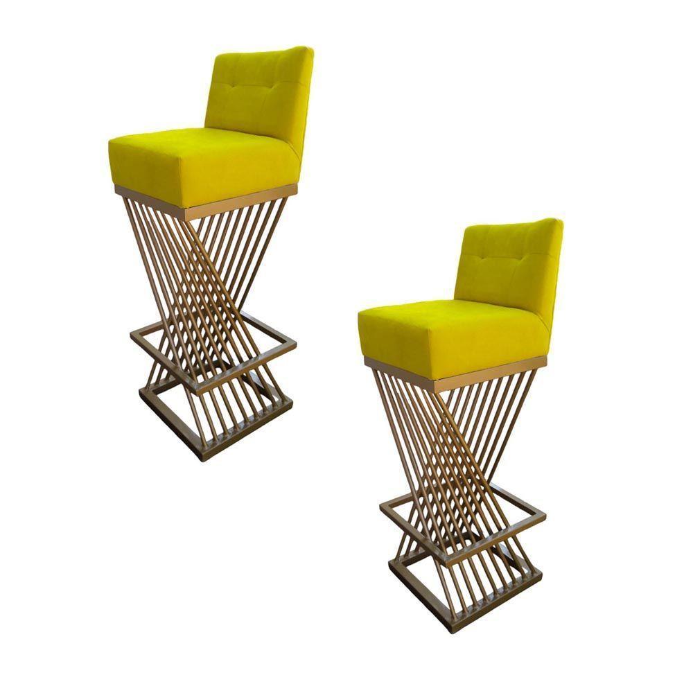 Kit 02 Banquetas Luma Base De Ferro Sued Amarelo D'classe Decor - 1