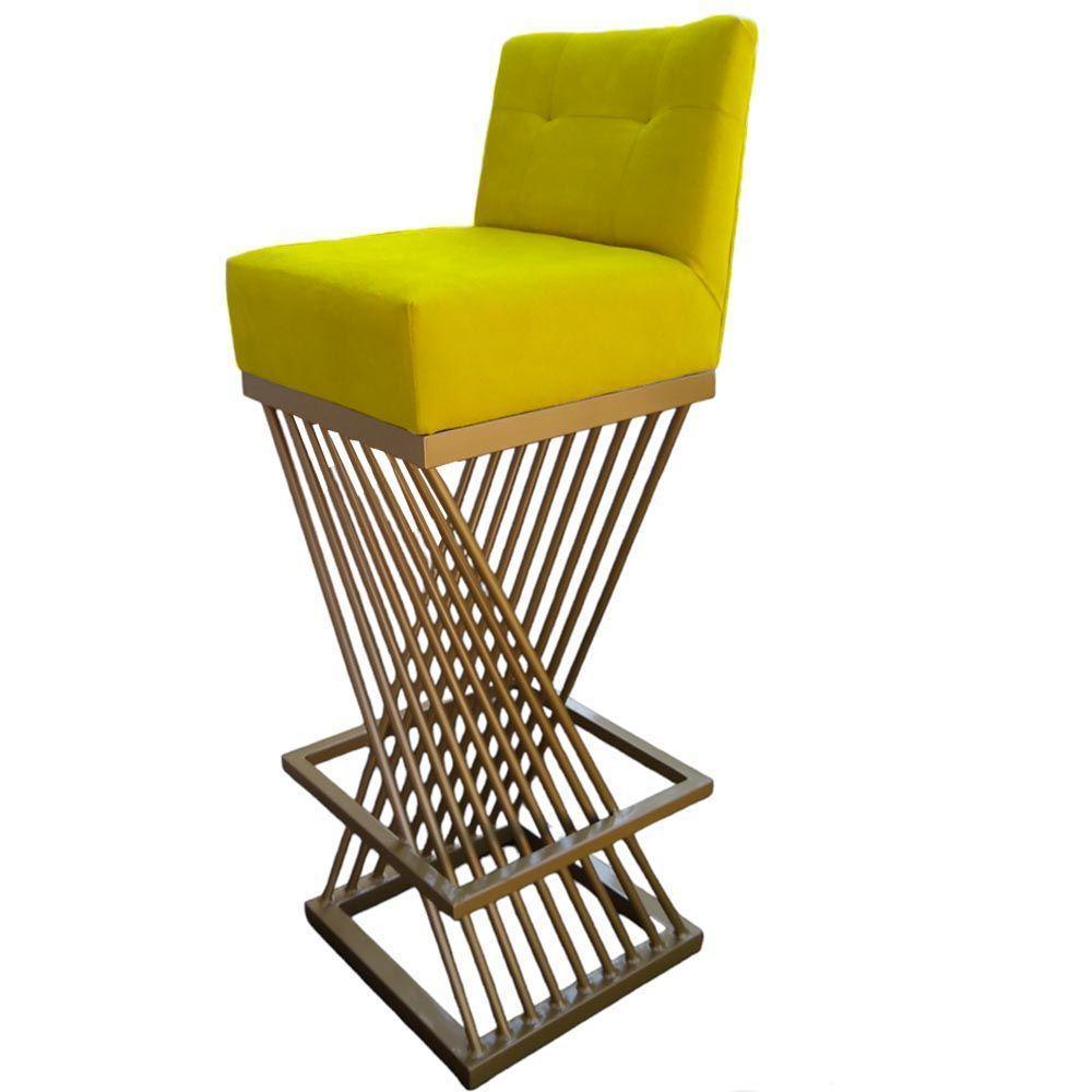 Kit 02 Banquetas Luma Base De Ferro Sued Amarelo D'classe Decor - 4