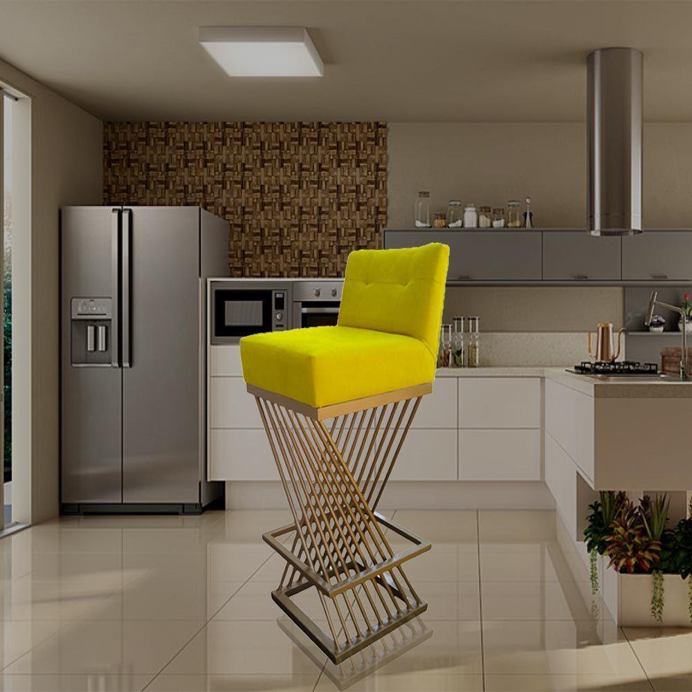 Kit 02 Banquetas Luma Base De Ferro Sued Amarelo D'classe Decor - 9