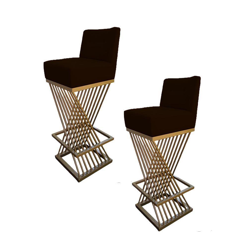 Kit 02 Banquetas Luma Base De Ferro Sued Marrom D'classe Decor - 1