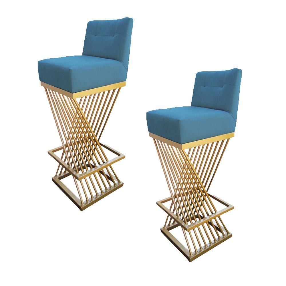 Kit 02 Banquetas Luma Base De Ferro Sued Azul Tiffany D'classe Decor - 1