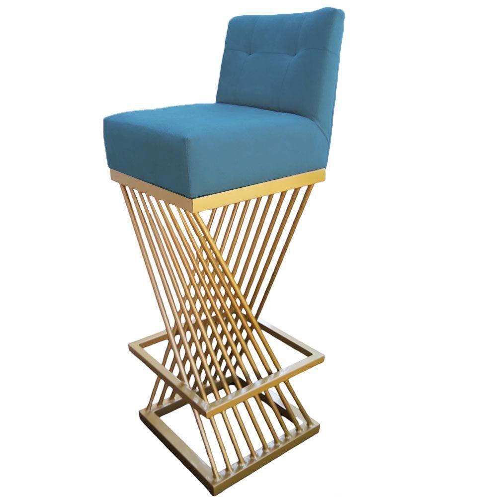 Kit 02 Banquetas Luma Base De Ferro Sued Azul Tiffany D'classe Decor - 4