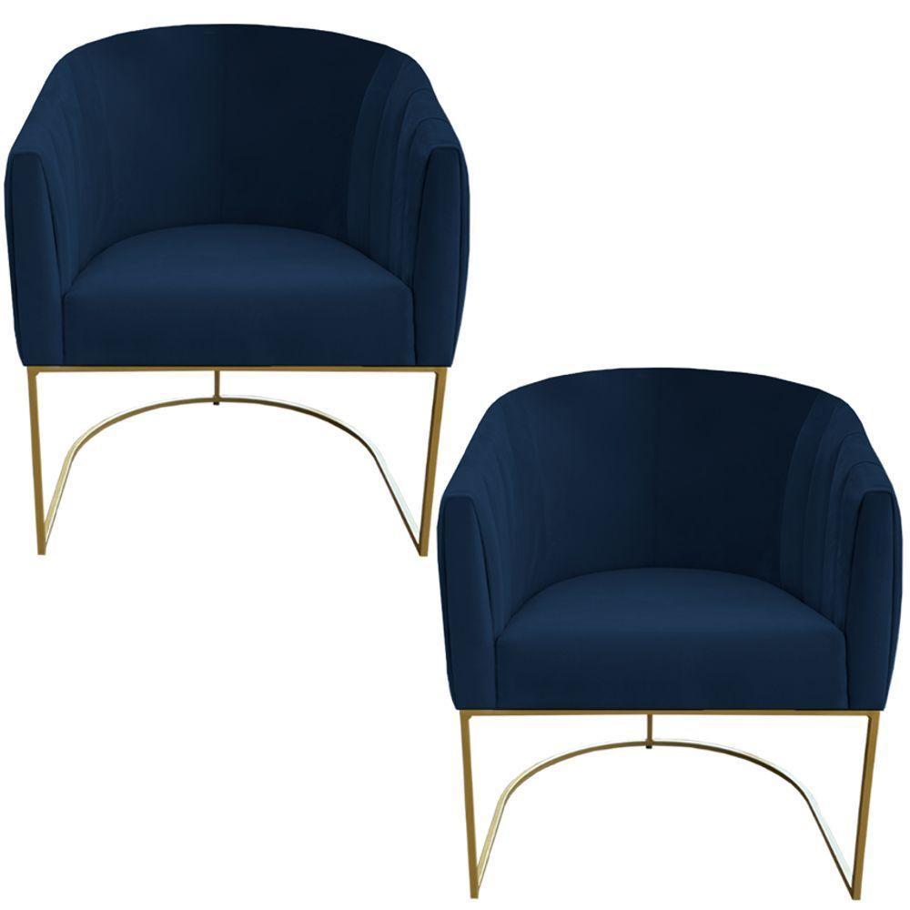 Kit 02 Poltrona Julia Com Base De Ferro Sala De Estar Escritório Recepção Clinica Suede Azul Marinho D'classe Decor - 1