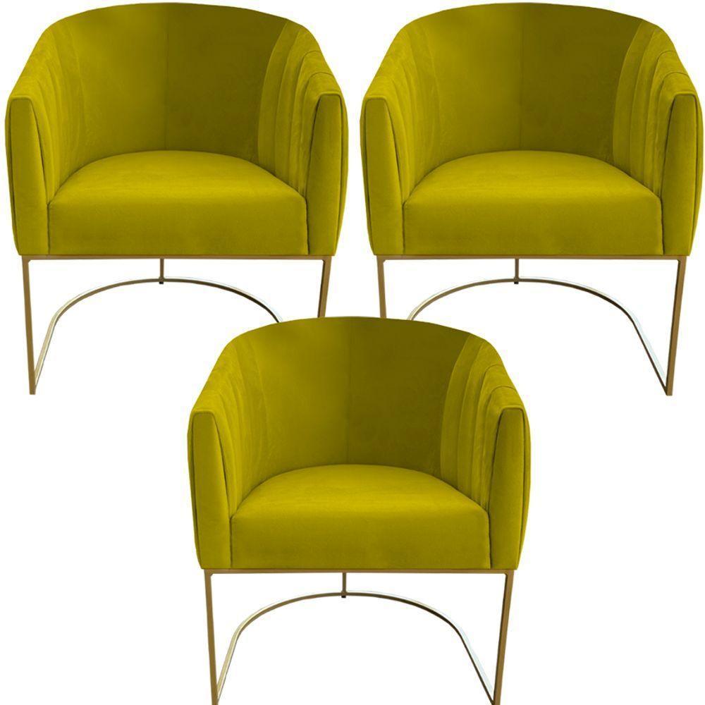 Kit 03 Poltrona Julia Com Base De Ferro Sala De Estar Escritório Recepção Clinica Suede Amarelo D'classe Decor - 1