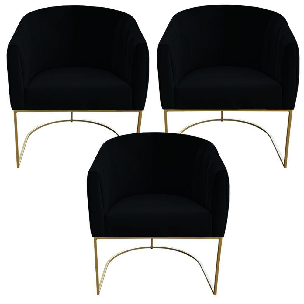 Kit 03 Poltrona Julia Com Base De Ferro Sala De Estar Escritório Recepção Clinica Suede Preto D'classe Decor - 1