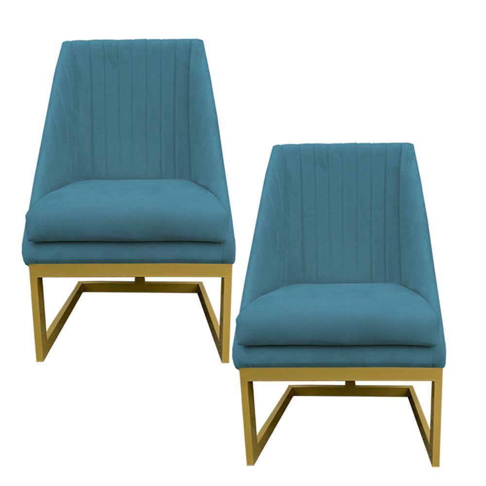 Kit 02 Cadeiras Para Sala De Jantar Ana Base De Ferro Suede Azul Tiffany D'classe Decor - 1
