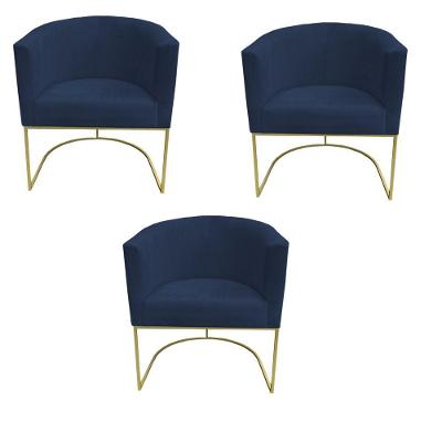Kit 03 Poltronas Paola Base De Ferro Sued Azul Marinho D'classe Decor