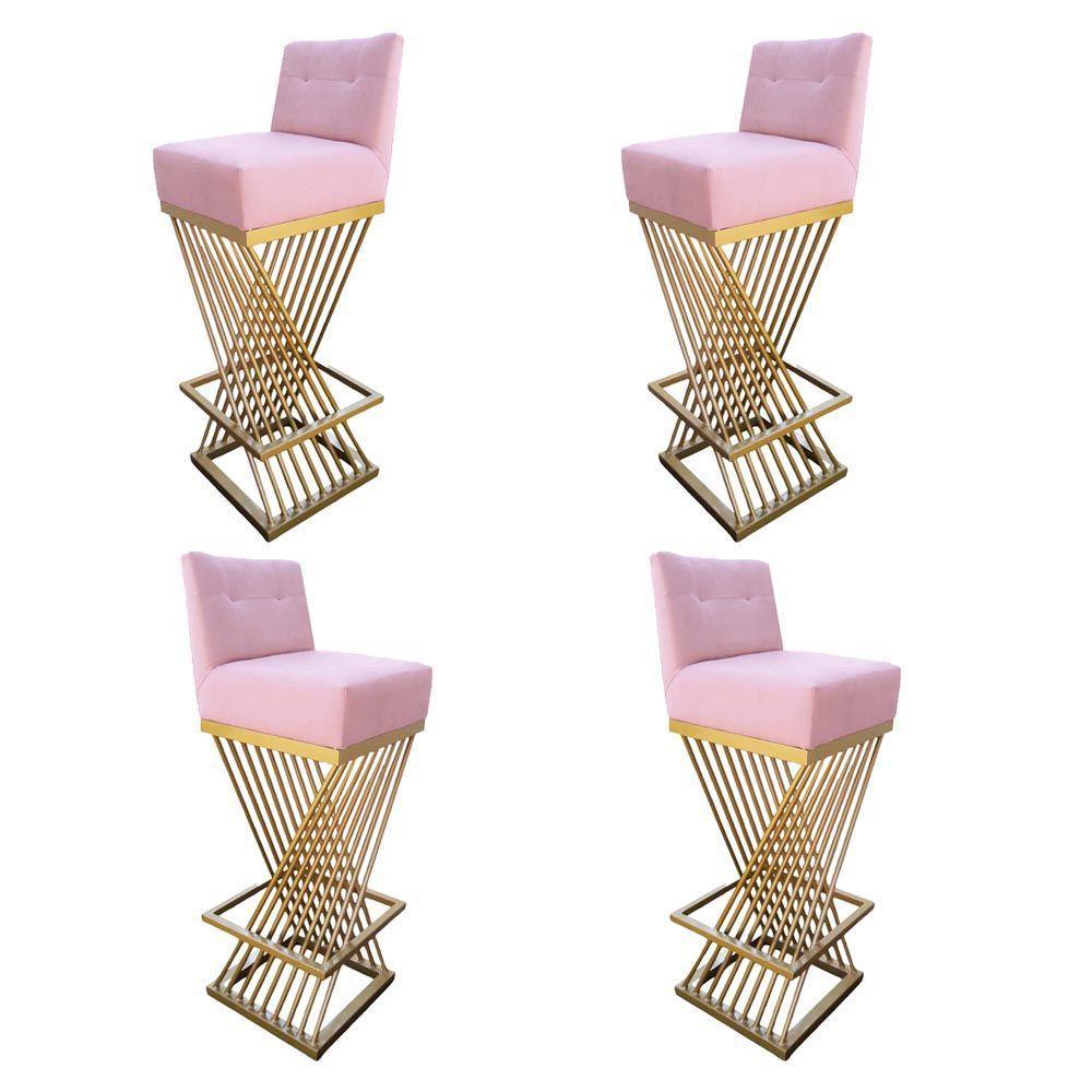 Kit 04 Banquetas Luma Base De Ferro Sued Rosa Bebê D'classe Decor - 1