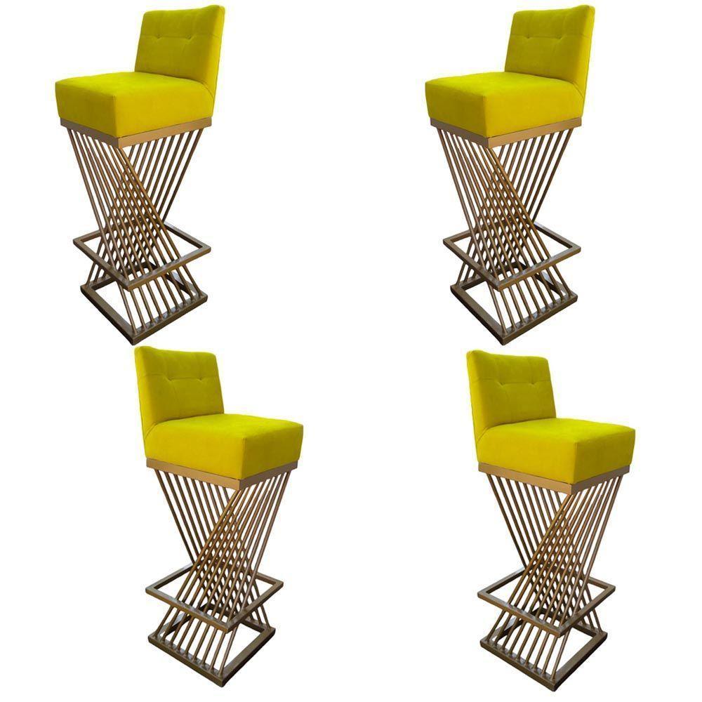 Kit 04 Banquetas Luma Base De Ferro Sued Amarelo D'classe Decor - 1
