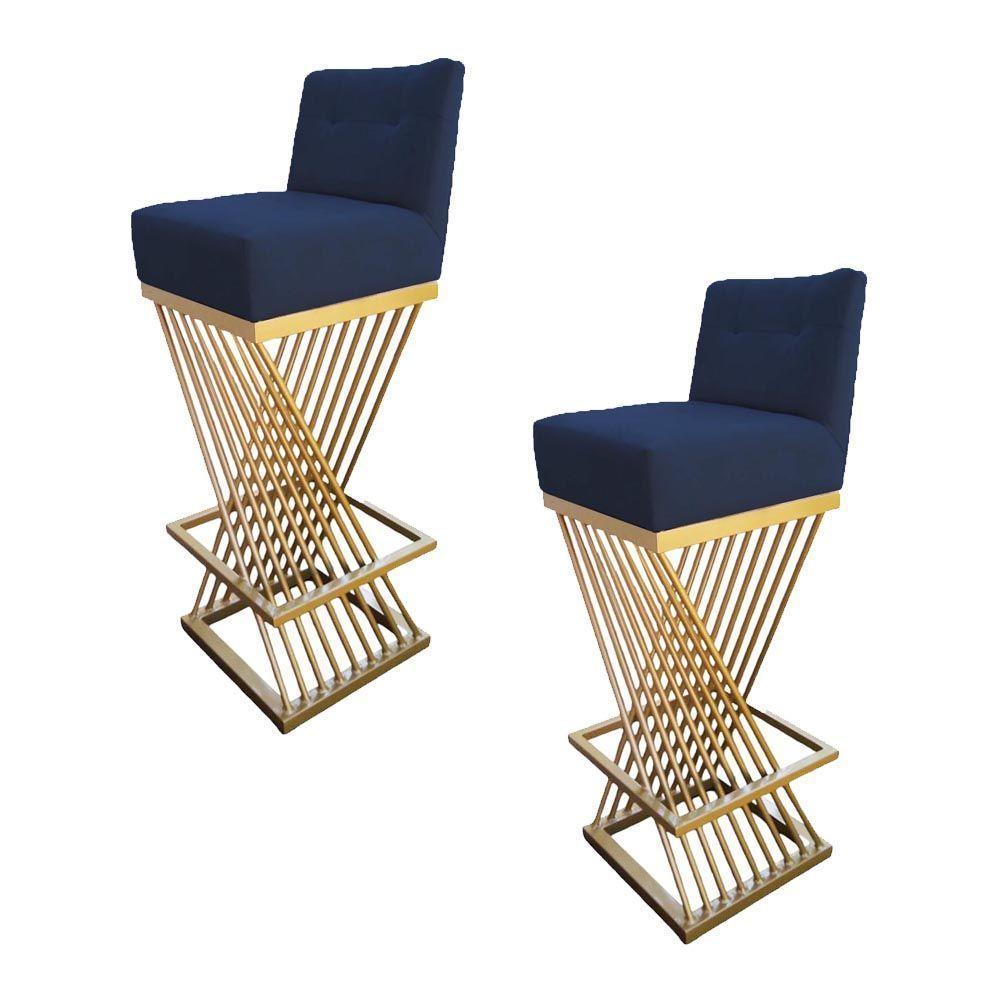 Kit 02 Banquetas Luma Base De Ferro Sued Azul Marinho D'classe Decor - 1